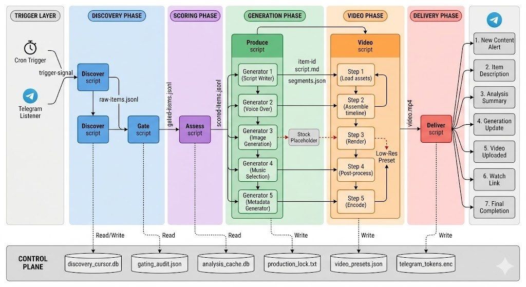 Research Radar architecture diagram from Khoa’s LinkedIn post, connecting discovery, assessment, generation, rendering and Telegram delivery.